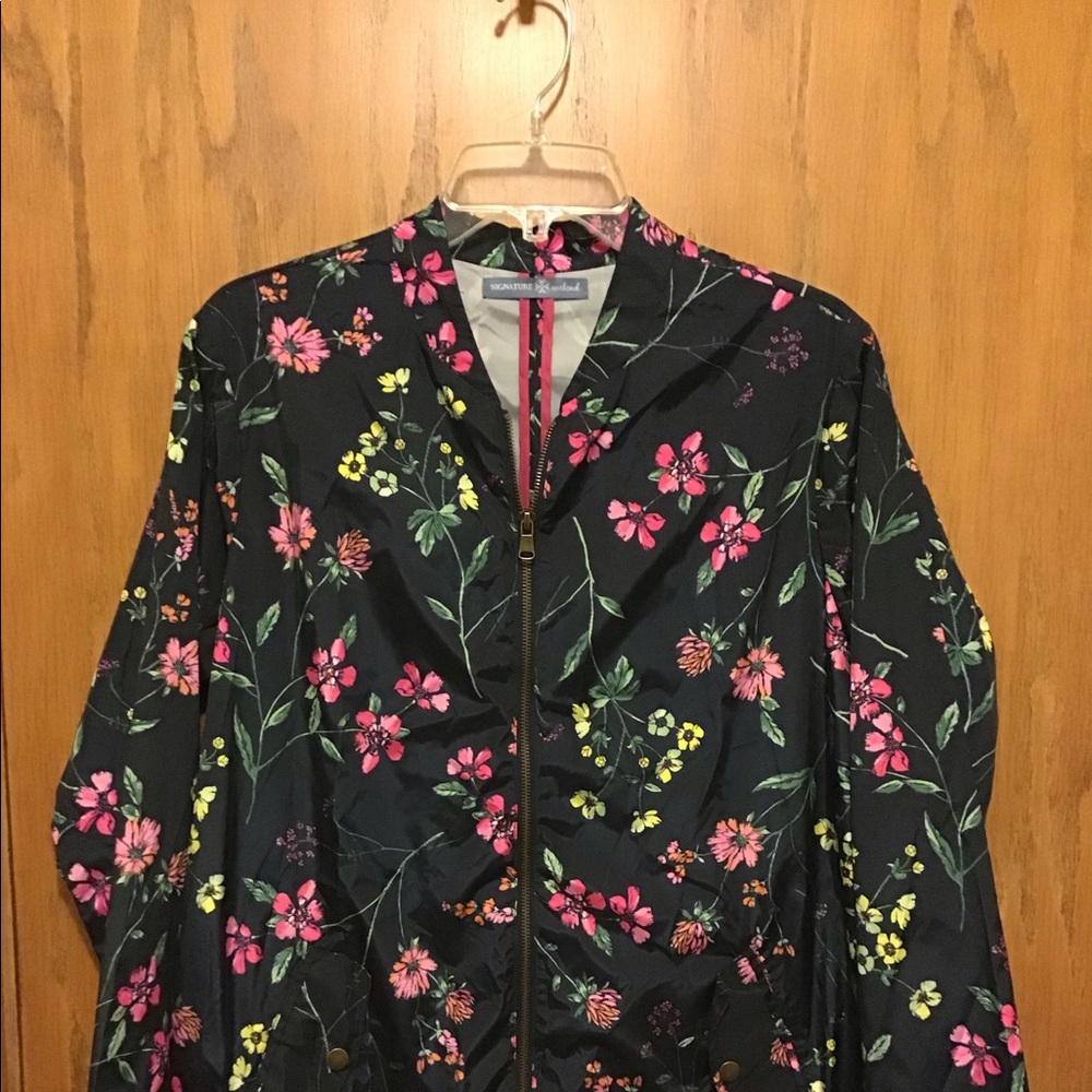 Floral Zip-Front Bomber Jacket - Black with Pink & Yellow Flowers
